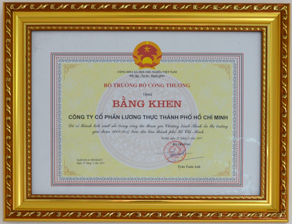 Bằng khen của Bộ trưởng Bộ Công thương năm 2017